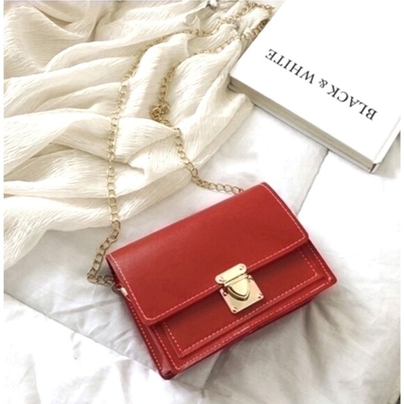 Handbags - Red Chic Faux Leather Crossbody Bag Small Square Gold Chain Shoulder Purse NEW